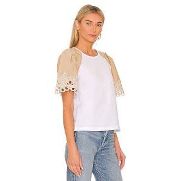 Veronica Beard Briana Embroidered Short-Puffed Sleeve Tee White & Light Khaki M - Picture 2 of 16